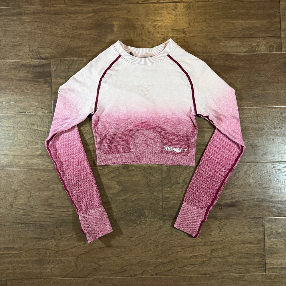 Gymshark Womens Ombre Seamless Long Sleeve Crop Top Pink White Size S‎